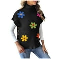 thumbnail image 1 of Women's 3D Floral Sweater Casual Crochet Pullover Tops Side Button Down Turtleneck Sweater Black Free Size, 1 of 6