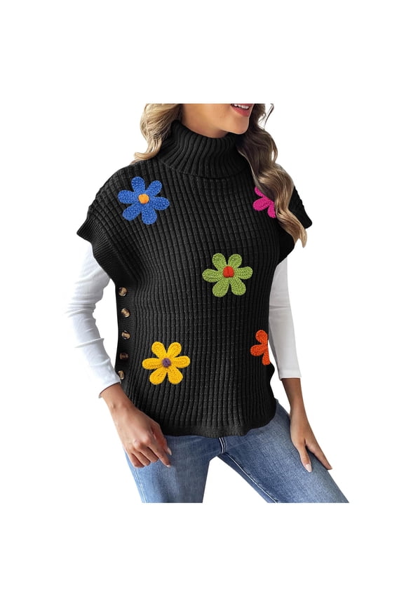 Women's 3D Floral Sweater Casual Crochet Pullover Tops Side Button Down Turtleneck Sweater Black Free Size