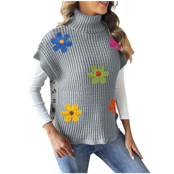 Women's 3D Floral Sweater Casual Crochet Pullover Tops Side Button Down Turtleneck Sweater Gray Free Size