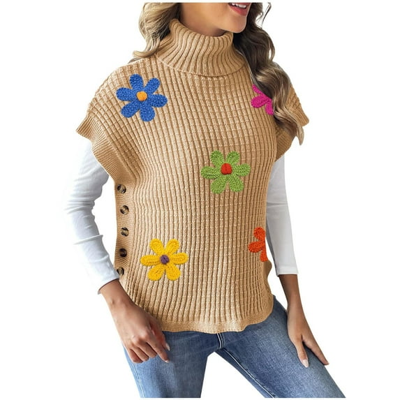 Women's 3D Floral Sweater Casual Crochet Pullover Tops Side Button Down Turtleneck Sweater Khaki Free Size