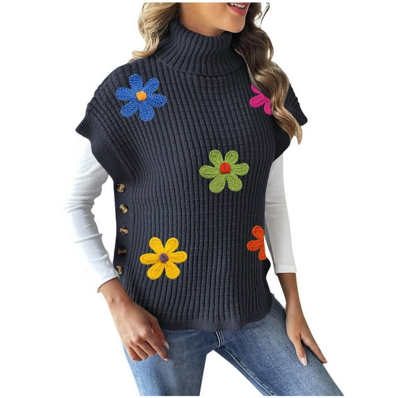Women's 3D Floral Sweater Casual Crochet Pullover Tops Side Button Down Turtleneck Sweater Navy Free Size