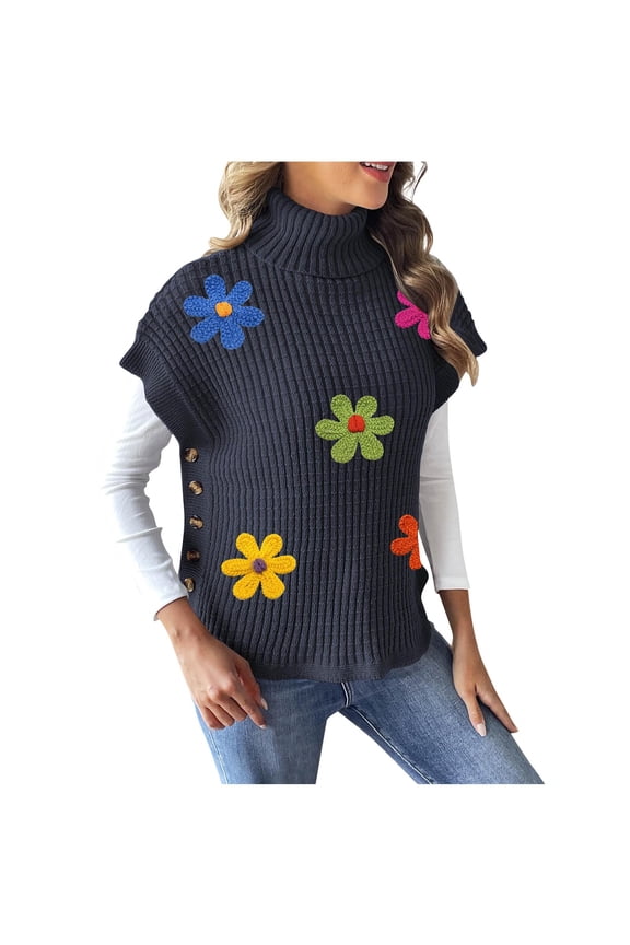 Women's 3D Floral Sweater Casual Crochet Pullover Tops Side Button Down Turtleneck Sweater Navy Free Size