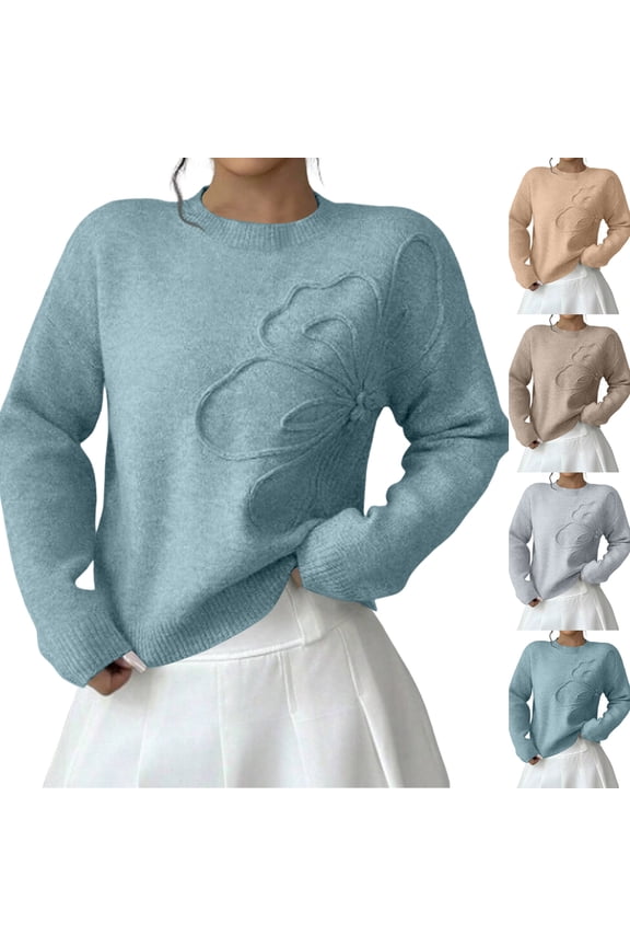 Women's 3D Floral Sweater Crewneck Drop Shoulder Elegant Pullover (Champagne, L)