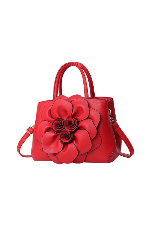 Women's 3D Floral Tote Bags Purses Top Handle Handbag PU Leather Satchel Shoulder Crossbody Bags Ladies Evening Bag Red