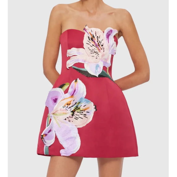Women's 3D Flower Applique Mini Dress, Strapless A-Line Party, Prom and Cocktail Style