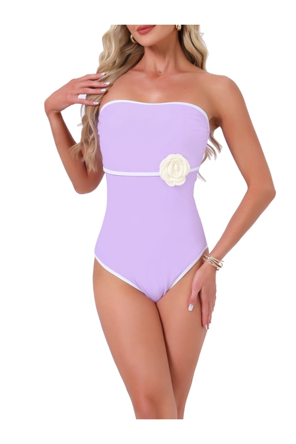 Women's 3D Flower Bandeau Bikini Sets, 1 Piece Edge Contrast Color Tummy Control Monokini Swimwear Bathing Suit Small Light Purple