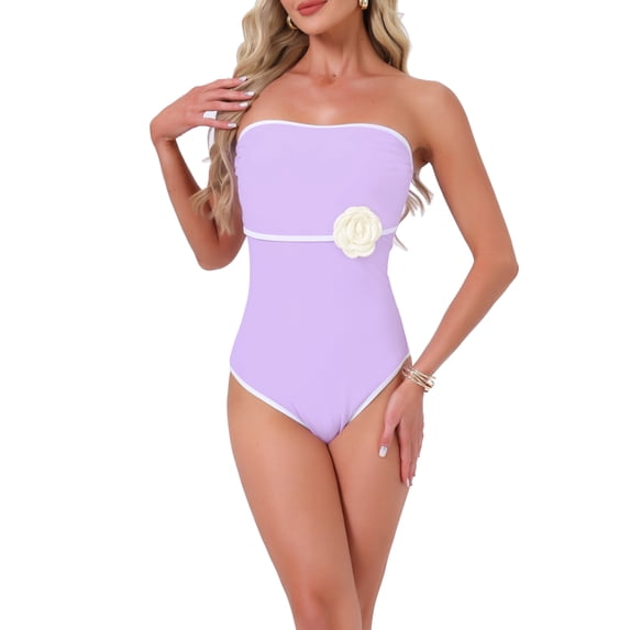 INSPIRE CHIC Women's 3D Flower Bandeau Bikini Sets, 1 Piece Edge Contrast Color Tummy Control Monokini Swimwear Bathing Suit X-Large Light Purple