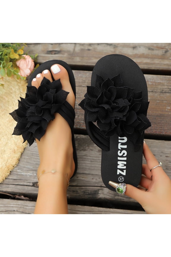 Women's 3D Flower Flip Flops Non-slip Soft Sole Casual Summer Beach Footwear Black 39