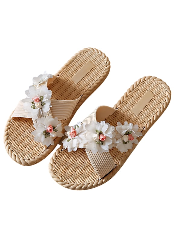 Women's Flower Woven Slides, Non-Slip Summer Sandals