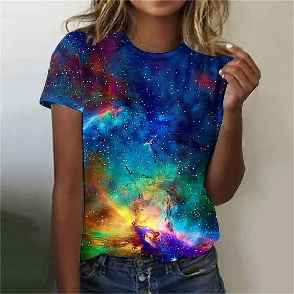 Women's 3D Galaxy Print T Shirts Glitter Shirts Blouse Fashionable Starry Summer Shirts Round Neck Short Sleeve Tops for Carnival Costumes
