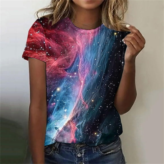 Women's 3D Galaxy Print T Shirts Glitter Shirts Blouse Fashionable Starry Summer Shirts Round Neck Short Sleeve Tops for Carnival Costumes