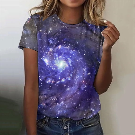 Women's 3D Galaxy Print T Shirts Glitter Shirts Blouse Fashionable Starry Summer Shirts Round Neck Short Sleeve Tops for Carnival Costumes