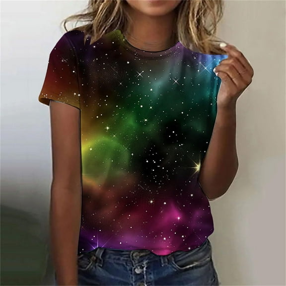 Women's 3D Galaxy Print T Shirts Glitter Shirts Blouse Fashionable Starry Summer Shirts Round Neck Short Sleeve Tops for Carnival Costumes