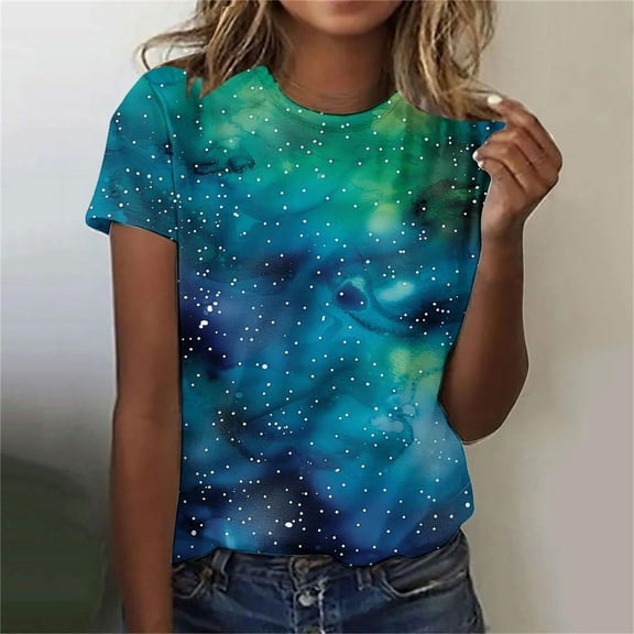 Women's 3D Galaxy Print T Shirts Glitter Shirts Blouse Fashionable Starry Summer Shirts Round Neck Short Sleeve Tops for Carnival Costumes
