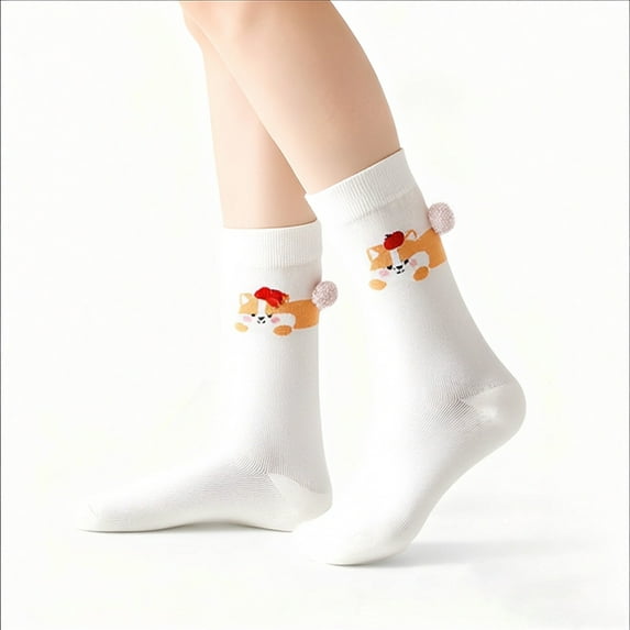 Women's 3D Pom-Pom Animal Socks, Mid-Calf Fun Socks with Cute Cartoon Designs, Novelty Cotton Crew Socks, Playful Ankle Socks for Women, Comfortable Casual Daily Socks - White