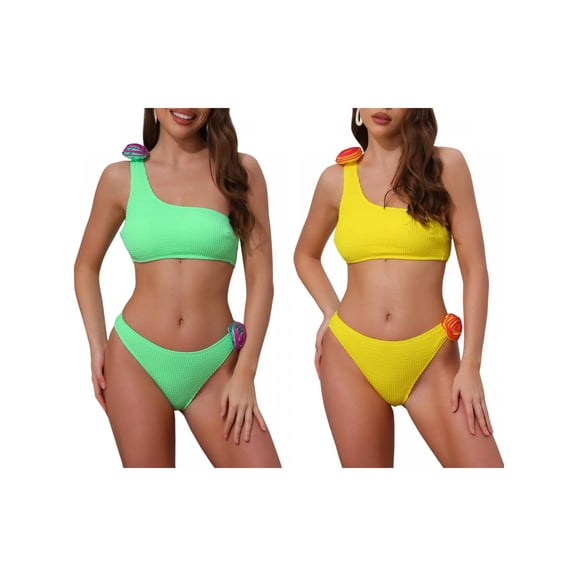 Women's 3D Rose Floral One Shoulder Ribbed Bikini Sets, 2 Piece Asymmetric Swimwear Bathing Suits 2 Sets Medium Green, Yellow