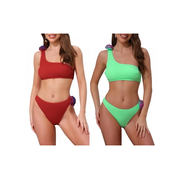 Women's 3D Rose Floral One Shoulder Ribbed Bikini Sets, 2 Piece Asymmetric Swimwear Bathing Suits 2 Sets X-Small Green, Red