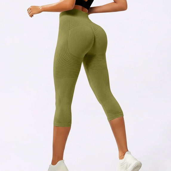 Women's 3D Texture Yoga Pants, Seamless High Waisted Capri Leggings for Butt Lifting and Tummy Control, Fitness and Casual Workout Pants-Army Green