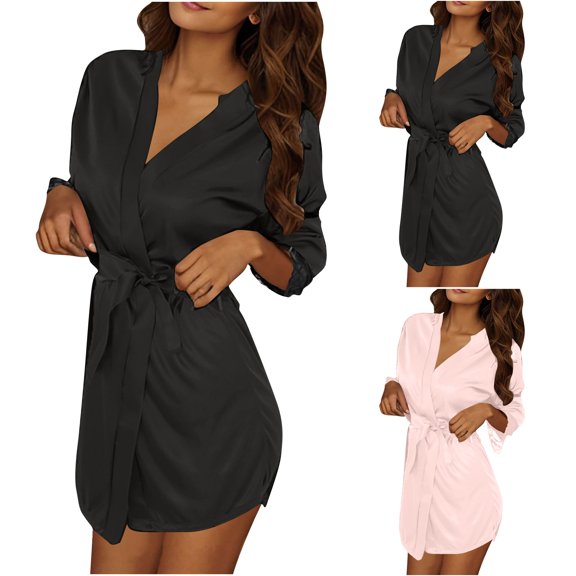 Women's 3PC Ice Silk Satin Robe Valentines Lingerie Kimono Bathrobe Short Lace Belted Robes Bridesmaids Sleepwear