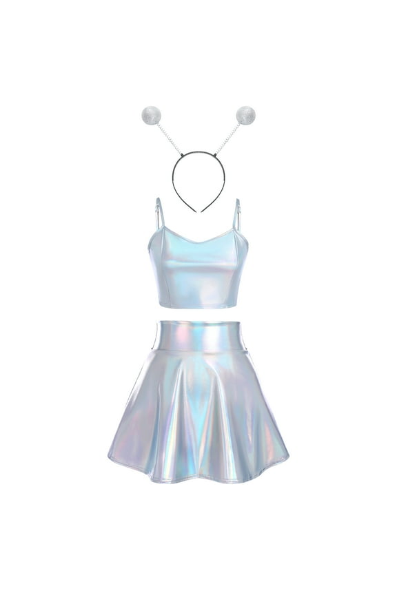 Women's 3Piece Metallic Outfit Shiny Crop Top + Silver Flared Skirt + Alien Headband Halloween Costume Clubwear Musical Festival Rave Outfit S Holographic Silver- Cami