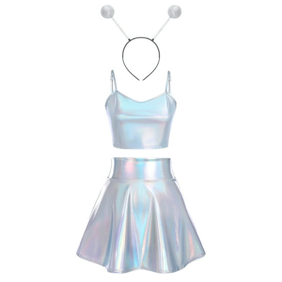 Women's 3Piece Metallic Outfit Shiny Crop Top + Silver Flared Skirt + Alien Headband Halloween Costume Clubwear Musical Festival Rave Outfit S Holographic Silver- Cami
