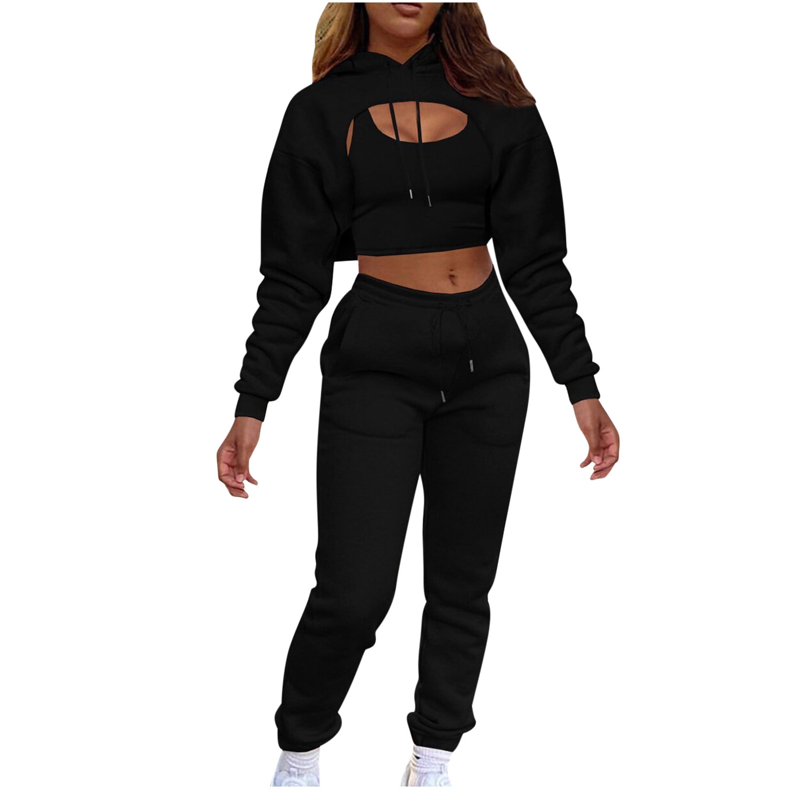 Women's 3pcs Track Suit Sexy Fleece Long Sleeve Pullover Crop Drawstring  Hoodie with Tank and Joggers Set Outfits Sweatsuit Workout Sets -  Walmart.com