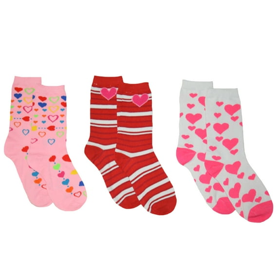 Women's 3pk Valentines Day Crew Socks (Hearts & Stripes)