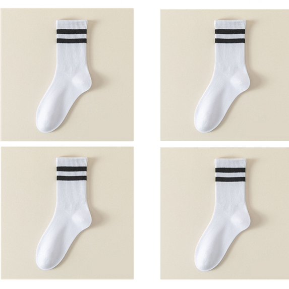 Women's 4-Pack Sporty Crew Socks with Double White Stripes Moisture-Wicking Ribbed Design, 4 PK-White