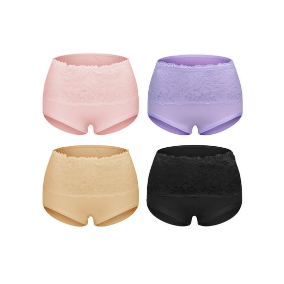 Women's 4 Pack Strechy Cotton High Waist Comfort Brief Underwear Lace Tummy Control Panty Underwear