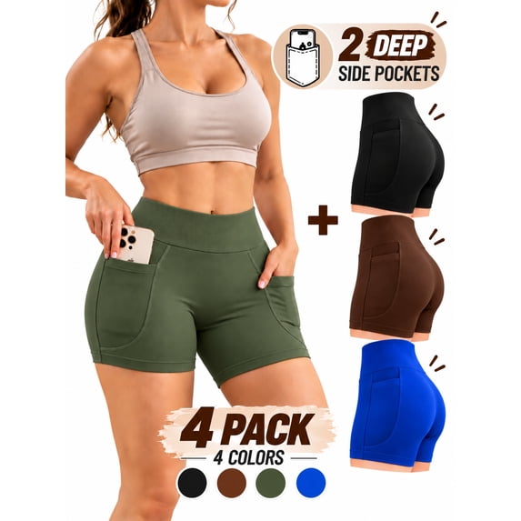 Women's 4 Pack Workout Biker Shorts with 2 Pockets, High Waisted Tummy Control Yoga Gym Running Shorts,Black,Brown,Green,Blue