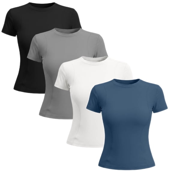 DOZINSIX Women's 4 Pack Yoga Tops Slim Short Sleeve Crew Neck Breathable Sports Workout Shirts