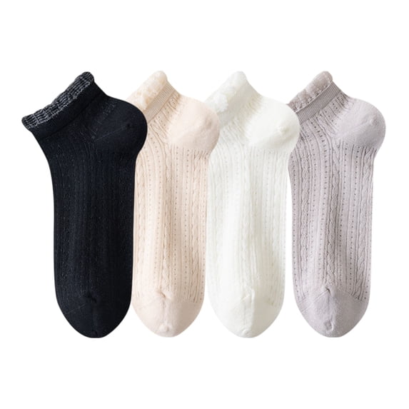 Women's 4-Pair Pack Breathable Lace Trim Ankle Socks with Open Knit Mesh Texture and Cotton Comfort - 4 pcs-C