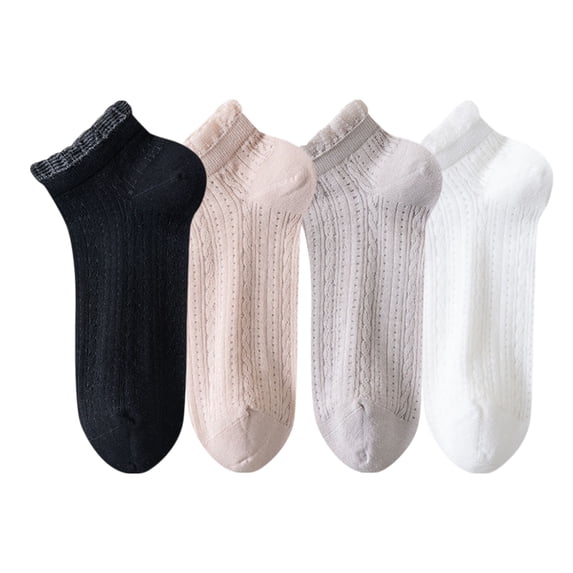 Women's 4-Pair Pack Breathable Lace Trim Ankle Socks with Open Knit Mesh Texture and Cotton Comfort - 4 pcs-D