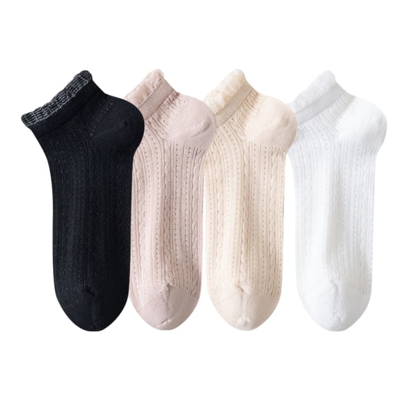 Women's 4-Pair Pack Breathable Lace Trim Ankle Socks with Open Knit Mesh Texture and Cotton Comfort - 4 pcs-E