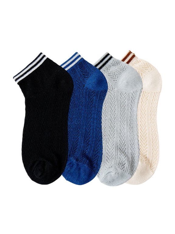 Women's 4-Pair Pack Lightweight Mesh Ankle Socks with Striped Cuffs Breathable Knit Texture - 4 pcs-A