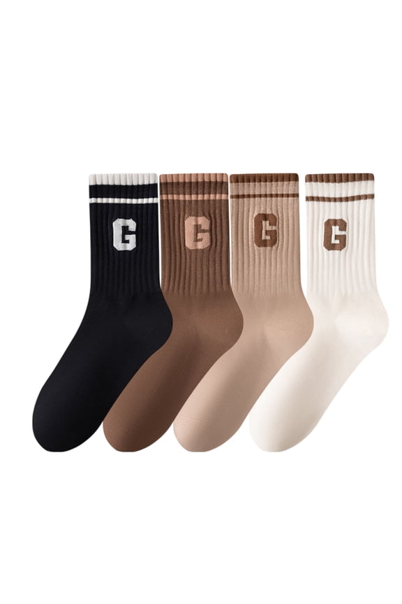 Women's 4-Pair Pack Ribbed Cotton Crew Socks with Striped Cuffs and G Letter Detail in Neutral Athletic Color Combinations - 4 pcs-A