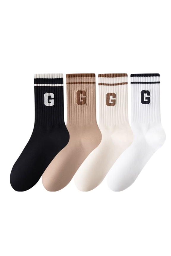 Women's 4-Pair Pack Ribbed Cotton Crew Socks with Striped Cuffs and G Letter Detail in Neutral Athletic Color Combinations - 4 pcs-C