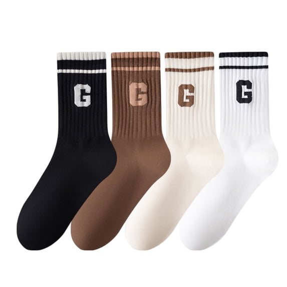 Women's 4-Pair Pack Ribbed Cotton Crew Socks with Striped Cuffs and G Letter Detail in Neutral Athletic Color Combinations - 4 pcs-D