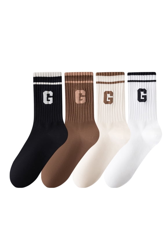 Women's 4-Pair Pack Ribbed Cotton Crew Socks with Striped Cuffs and G Letter Detail in Neutral Athletic Color Combinations - 4 pcs-D