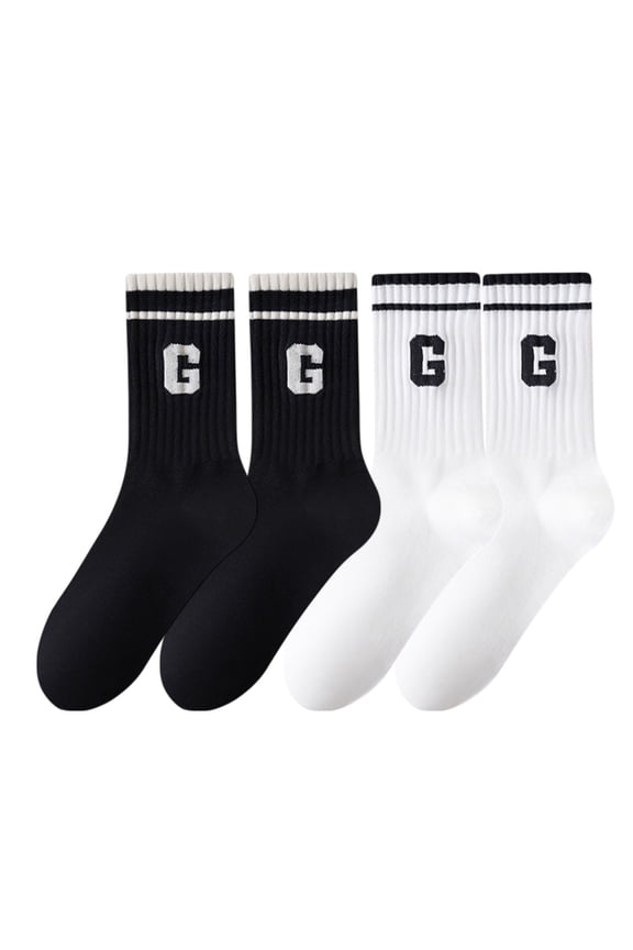 Women's 4-Pair Pack Ribbed Cotton Crew Socks with Striped Cuffs and G Letter Detail in Neutral Athletic Color Combinations - 4 pcs-F