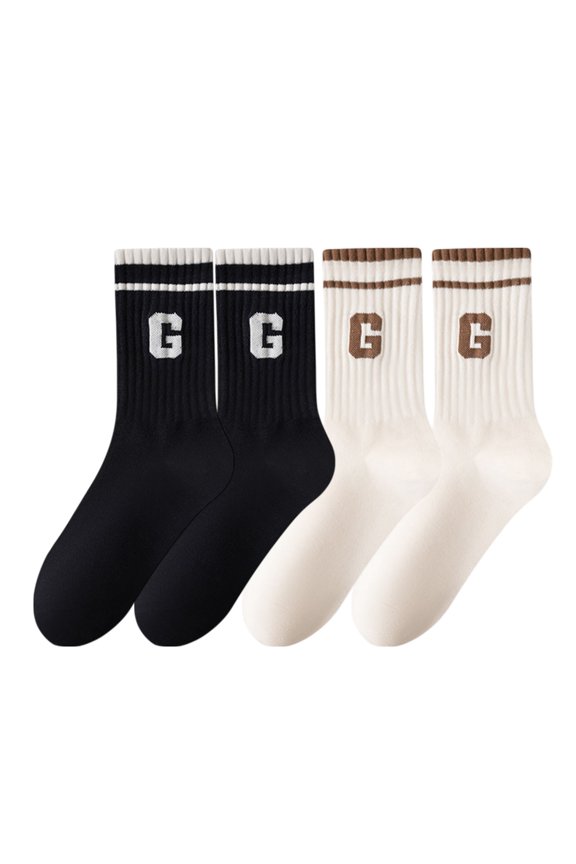 Women's 4-Pair Pack Ribbed Cotton Crew Socks with Striped Cuffs and G Letter Detail in Neutral Athletic Color Combinations - 4 pcs-H