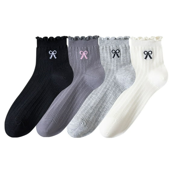 Women's 4-Pair Pack Sheer Ribbed Ankle Socks with Ruffled Trim and Embroidered Bow Detail in Multiple Color Combinations - 4 pcs-A