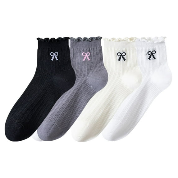 Women's 4-Pair Pack Sheer Ribbed Ankle Socks with Ruffled Trim and Embroidered Bow Detail in Multiple Color Combinations - 4 pcs-B