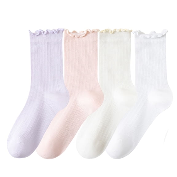 Women's 4-Pair Pack Soft Ribbed Ankle Socks with Ruffled Edge Trim Lightweight Knit Design in Multiple Color Combinations - 4 pcs-B