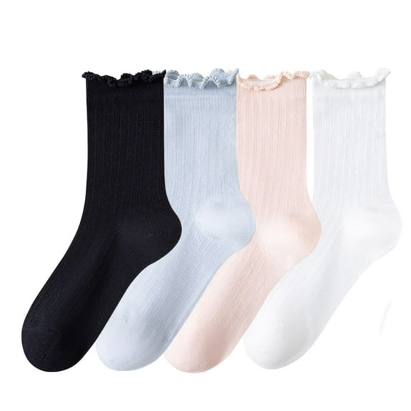 Women's 4-Pair Pack Soft Ribbed Ankle Socks with Ruffled Edge Trim Lightweight Knit Design in Multiple Color Combinations - 4 pcs-C