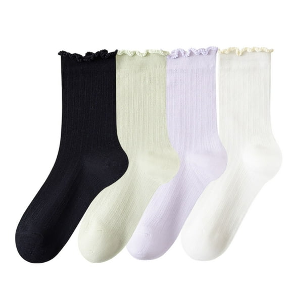 Women's 4-Pair Pack Soft Ribbed Ankle Socks with Ruffled Edge Trim Lightweight Knit Design in Multiple Color Combinations - 4 pcs-D