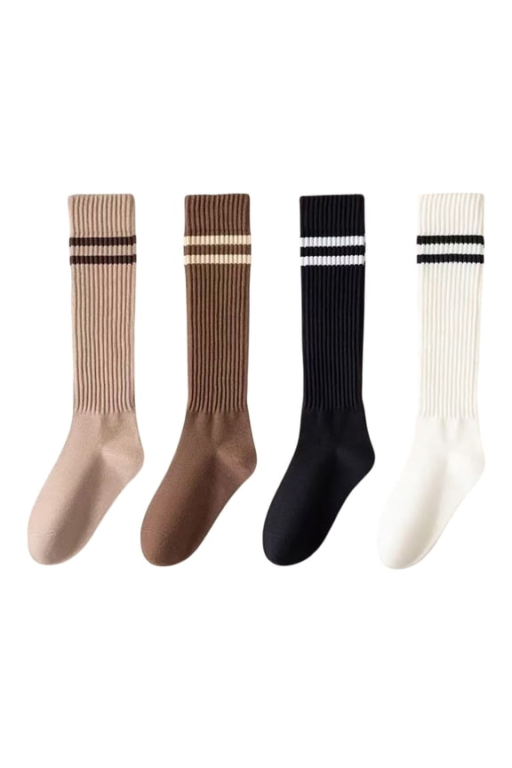 Women's 4-Pair Set Ribbed Knee-High Socks with Striped Detail Slim Fit Stretch Design for Casual Outfits - 4 pairs-B