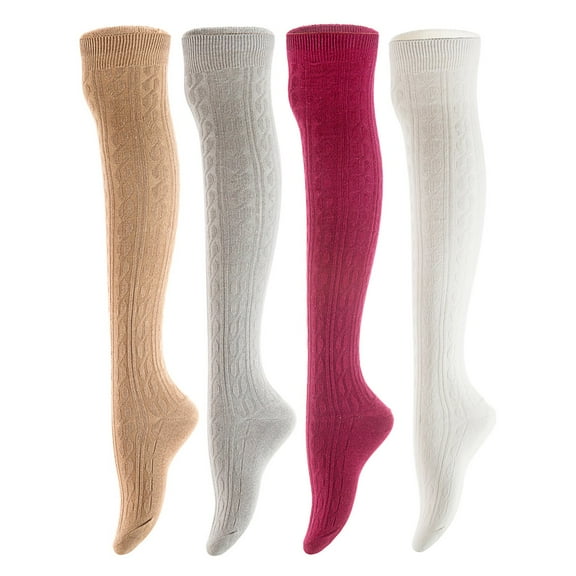 Women's 4 Pairs Awesome, Super Durable, Comfortable, Soft Thigh High Cotton Boot Socks M1024 Size 6-9(Beige,Light Grey,Wine,White)