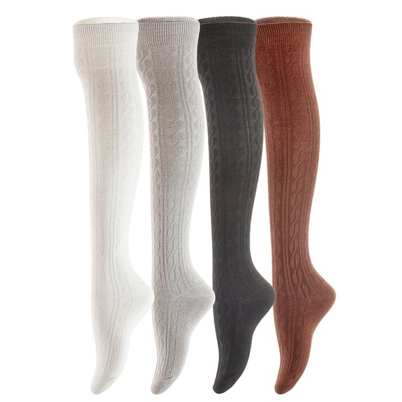 Women's 4 Pairs Awesome, Super Durable, Comfortable, Soft Thigh High Cotton Boot Socks M1024 Size 6-9Black,Coffee,Dark Grey,White
