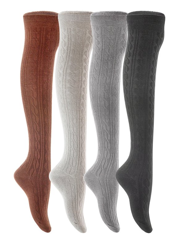 Women's 4 Pairs Super Durable, Awesome, Comfortable, Soft Thigh High Cotton Boot Socks MJ1024 Size 6-9Black,Coffee,Grey, Dark Grey